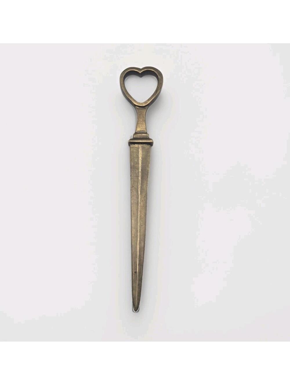Vintage Brass Heart Letter Opener Dagger Paper Knife Office Desk Accessory 7"